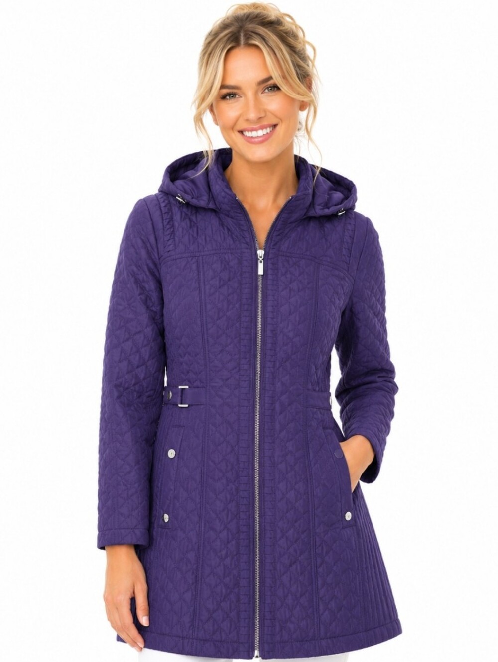Gallery Womens Purple Fitted Quilted Hooded Coat(sz:large)